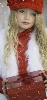 Girl in red with gift in snowy scene.