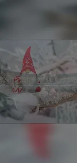 Festive gnome on snowy branch with winter cityscape background.