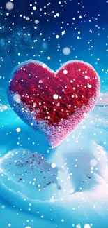 Romantic red heart in a snowy winter landscape wallpaper.