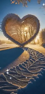 Heart-shaped snowy path with sunset glow in winter landscape.