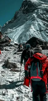 Hikers trekking snowy mountain path in winter