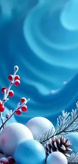 Winter-themed wallpaper with blue tones and festive decor.