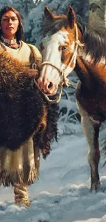 Rider with horse in snowy forest scene.