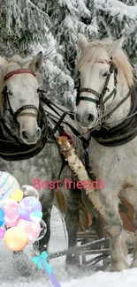 Two horses pull a sleigh through a snowy forest in winter.