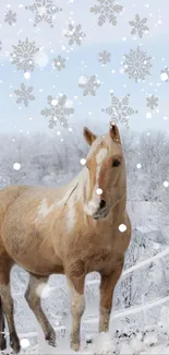 Horse in snowy landscape with falling snowflakes.