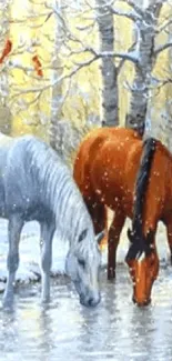 Horses drink from a snowy stream surrounded by birch trees in winter.