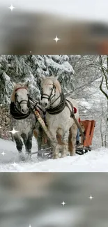 Two horses pulling a carriage through a snowy forest in winter.