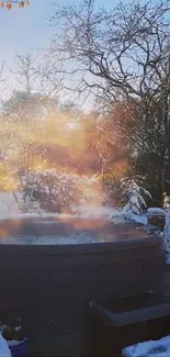 Winter landscape with hot tub, snow, and sunlight.