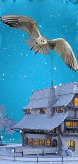 Winter scene with bird and snowy house on mobile wallpaper.