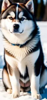 Majestic Husky sitting in snowy landscape with a forest backdrop.