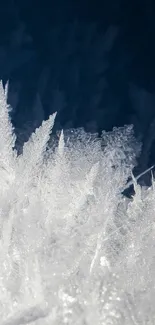 Mobile wallpaper of intricate white ice crystals with a deep blue background.