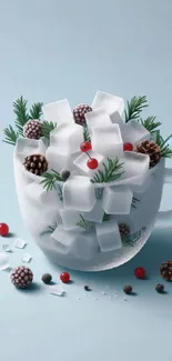 Winter-themed wallpaper with ice cubes, pinecones, and red berries.