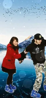 Couple ice skating joyfully on a frozen lake in a snowy winter landscape.