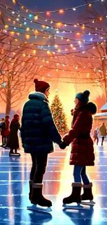 Romantic couple ice skating under festive lights at night.