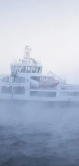 Serene winter view of Helsinki harbor with snow and mist.