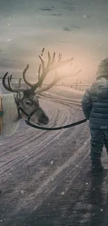 Child leading reindeer on snowy path at dawn.