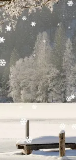 Tranquil winter landscape with a snow-covered lake and frosted trees.