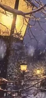 Warmly lit winter street lamp with snow falling.