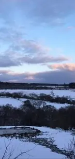 A peaceful winter landscape with snow and blue sky.