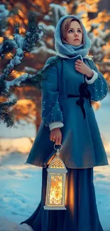 Woman in blue coat with lantern in snowy forest.