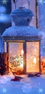 Winter lantern with glowing light on snow, featuring 'smile, sparkle, shine' text.