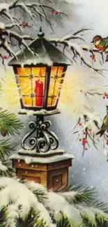 Snowy winter scene with a glowing lantern and birds.