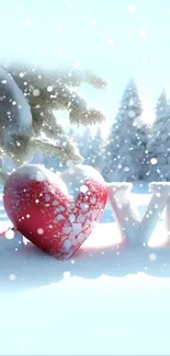 Snowy heart with 'Love' in a winter wonderland setting.