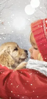 Child in red jacket cuddling a puppy in snow.