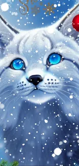 Blue-eyed lynx with snowflakes and festive ornaments on a winter-themed wallpaper.