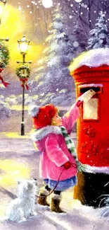 Child mailing letter in snowy Christmas scene with dog and street lamps.