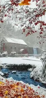 Peaceful winter scene with a snowy mill and stream.