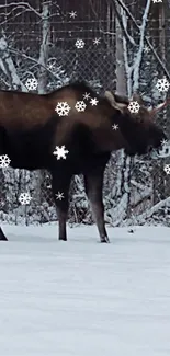 Majestic moose in snowy forest landscape.