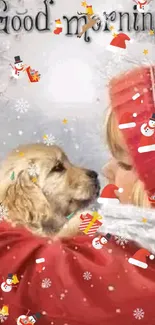 Child hugging puppy in snowy winter scene.