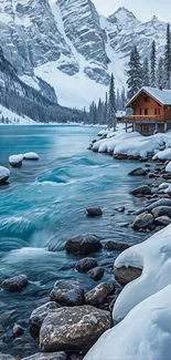 Snowy mountain lake with cozy cabin.