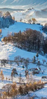 Winter mountain landscape with snow and autumn trees.