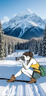 Illustration of a photographer capturing snowy mountains.