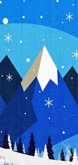 Winter mountain scene with snowflakes falling over blue peaks.