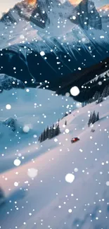 Snowy mountain landscape with falling snowflakes.