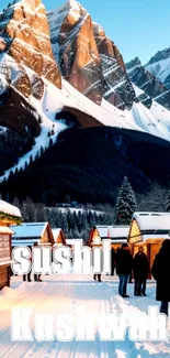 Snowy village at dusk with mountain backdrop and festive lights.