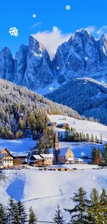 Snowy mountain village under a bright blue sky.