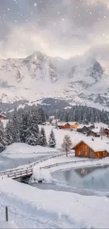 Snowy mountain landscape with cabins.