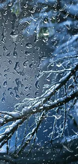 Snow-covered branches under a dark blue winter night sky.