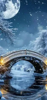 Snowy bridge under moonlit winter night sky.