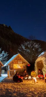 Snowy igloo village under starry night sky.