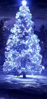 Glowing Christmas tree in a snowy forest under a winter night sky.