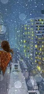 Artwork of woman gazing at a snowy cityscape at night, featuring illuminated buildings.