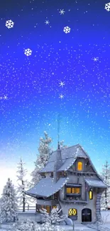 Snowy winter cottage under a starry blue night sky.