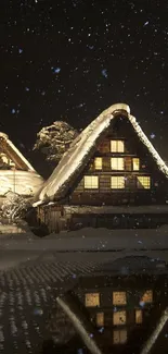 Snow-covered cottage under a starry night sky, reflecting on a tranquil water surface.