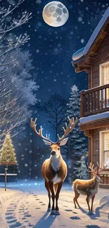 A snow-covered cabin scene with deer at night.