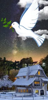 Peaceful dove over a snowy cottage against a starry night sky.